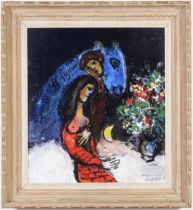 AFTER MARC CHAGALL, Le couple, Quadrichrome, signed in the plate, French Montparnasse frame, 50cm