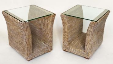LAMP/OCCASIONAL TABLES, a pair, 1970s woven cane and rattan frame of 'U' form with beveled
