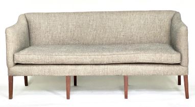SOFA, early 19th century mahogany framed with padded arms, square section supports and grey weave