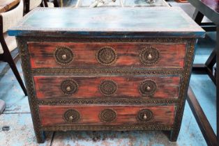 CHEST, 105cm W x 46cm H x 86cm H, with three drawers in a paint wash finish, with embossed metal