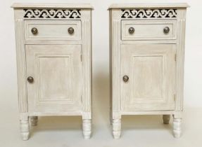 BEDSIDE CABINETS, a pair, French traditionally grey painted each with drawer, panelled door and