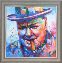 CONTEMPORARY SCHOOL PRINT, portrait of Winston Churchill, relief detail, framed, 85cm x 85cm.