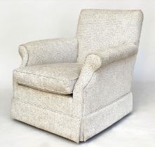 ARMCHAIR, Howard style with feather filled seat cushion and scroll arms, 74cm W.