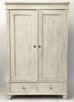 ARMOIRE, 19th century French, traditionally grey painted with two panelled doors enclosing hanging