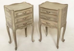 BEDSIDE CHESTS, a pair, French Louis XV design aged cherrywood each with three drawers, 42cm W