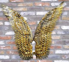 ANGEL WINGS, a pair, wall relief plaques, feathered texture, gilt metal, 91cm x 100cm. (2)