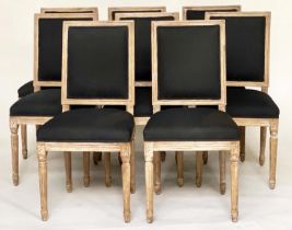 DINING CHAIRS, a set of eight French Louis XVI style bleached oak with reeded supports (India Jane).