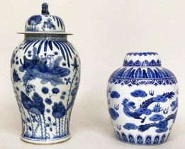 CHINESE VASE, 37cm H, blue and white, with cover, together with a large dragon patterned ginger jar,