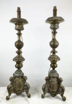 CHURCH ALTAR CANDLESTICKS LAMPS, brass, 85cm H. (2)