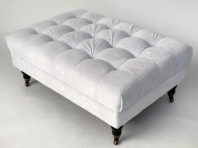 BERKELEY OTTOMAN, rectangular off white cotton twill button upholstered with turned supports and