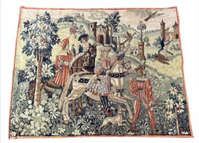 TAPESTRY, depicting a medieval hunting scene, 127cm x 165cm.