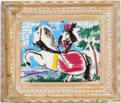 PABLO PICASSO, 'Woman on horseback in red hat', off set lithograph, Suite: Toros, French