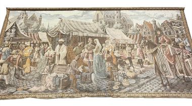 TAPESTRY, 127cm x 250cm, depicting a medieval market scene.