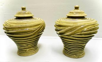LIDDED RIPPLE VASES, pair, 35cm high, 30cm diameter, glazed ceramic. (2)