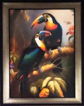 CONTEMPORARY SCHOOL PRINT, Toucans, relief detail, framed, 105.5cm x 75.5cm.