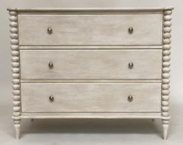 COMMODE, shaker style traditionally grey painted with three long drawers, and bobbin turned