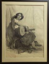 BORIS SPORYKHIN (1928-2018) 'Guitar Player' 1950s, pencil drawing, 87cm x 49cm.