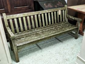 GARDEN BENCH, 180cm x 90cm H, weathered with moss.