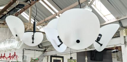 CEILING LIGHTS, a pair, 1950s Italian style, each three branch, frosted glass shades, 121cm drop