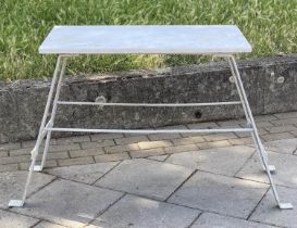 GARDEN POTTING TABLE, 19th century wrought iron with outswept supports and marble top, 92cm x 49cm D