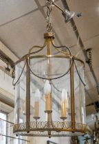 HALL LANTERN, brass and glass of cylindrical form, 41cm x 99cm H including chain.