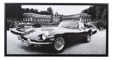 PHOTOGRAPHIC PRINT, classic car, black and white, framed and glazed, 86cm x 166cm.