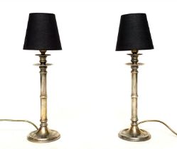 TABLE LAMPS, a pair, Georgian style silvered of column form with shades, 46cm H. (2)