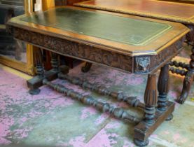 CENTRE WRITING TABLE, 73cm H x 133cm x 71cm, late Victorian carved oak with green leather top