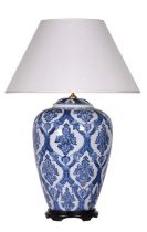 TABLE LAMP, white transfer Chinese Export style blue and white glazed ceramic, tapered form, black