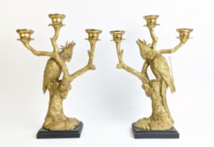 FIGURAL CANDLESTICKS, in the form of cockatoos, gilt textured finish three branch form, black bases,