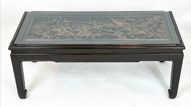 LOW TABLE, 41cm H x 102cm x 46cm, Chinese lacquered and carved wood with glass top and high relief