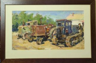 VLADIMIR CHERNOUSENKO (1930-2001) 'Getting Ready for Harvest', oil on b oard, 24cm x 45cm.