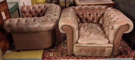 CHESTERFIELD ARMCHAIRS, a pair, each 115cm W x 77cm H x 85cm D, brown buttoned leather. (2)