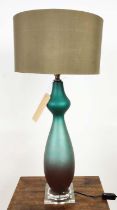 JOHN RICHARDS TABLE LAMP, blue opaque texture glass body, baluster form, lucite base, grey shade,