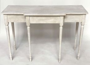 CONSOLE TABLE, Regency style grey painted rectangular of breakfront form with turned reeded