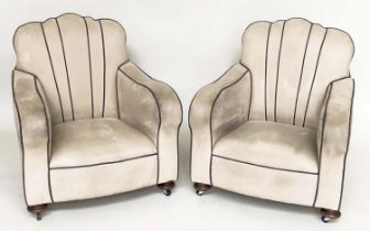 ARMCHAIRS, a pair, Art Deco style and simulated suede fabric upholstered with 'cloud' backs,