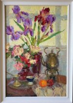 MIKHAIL ZHAROV (Ukrainian) 'Still Life with Irises' 2009, oil on canvas, 87cm x 60cm.