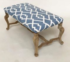 WINDOW SEAT, Italian style rectangular blue and white geometric upholstery and shaped stretchered