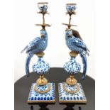 CANDELABRA, a pair, in the form of parrots, blue and white glazed ceramic, gilt mounts, 48.5cm H. (