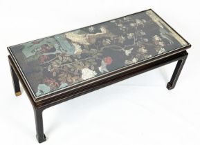 CHINESE LOW TABLE, with inset coromandel polychrome lacquer panel, 100cm L x 43cm W x 41cm H.