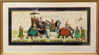 MUGHAL SCHOOL, 'Procession with mounted Elephants and Figures', watercolour, 51cm x 24cm, framed.
