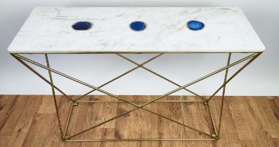 CONSOLE TABLE, 97cm x 30cm x 76cm, marble top with inlaid agate detail, gilt metal base.