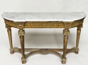 CONSOLE TABLE, 19th century French Louis XVI style giltwood and gesso moulded with veined white