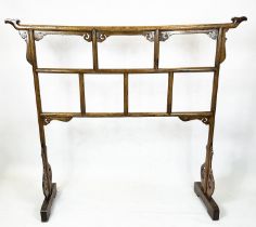 CHINESE ROBE HANGING RAIL, elm, early 20th century, fretwork carved top rail and sides, 150cm H x