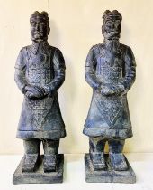 CHINESE STYLE WARRIORS, a set of two, aged finish, each 120cm high, 34cm wide. (2)