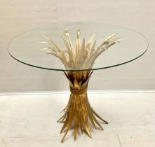 MAISON JANSEN STYLE SIDE TABLE, 60cm high, 70cm diameter, wheat sheaf design, gilt metal, glass top.