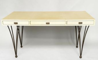 JULIAN CHICHESTER 'RAVEL' DESK, natural velum covered with three frieze drawers and bronze