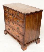 CHEST, early 18th century Queen Anne figured walnut and crossbanded with quarter veneered top