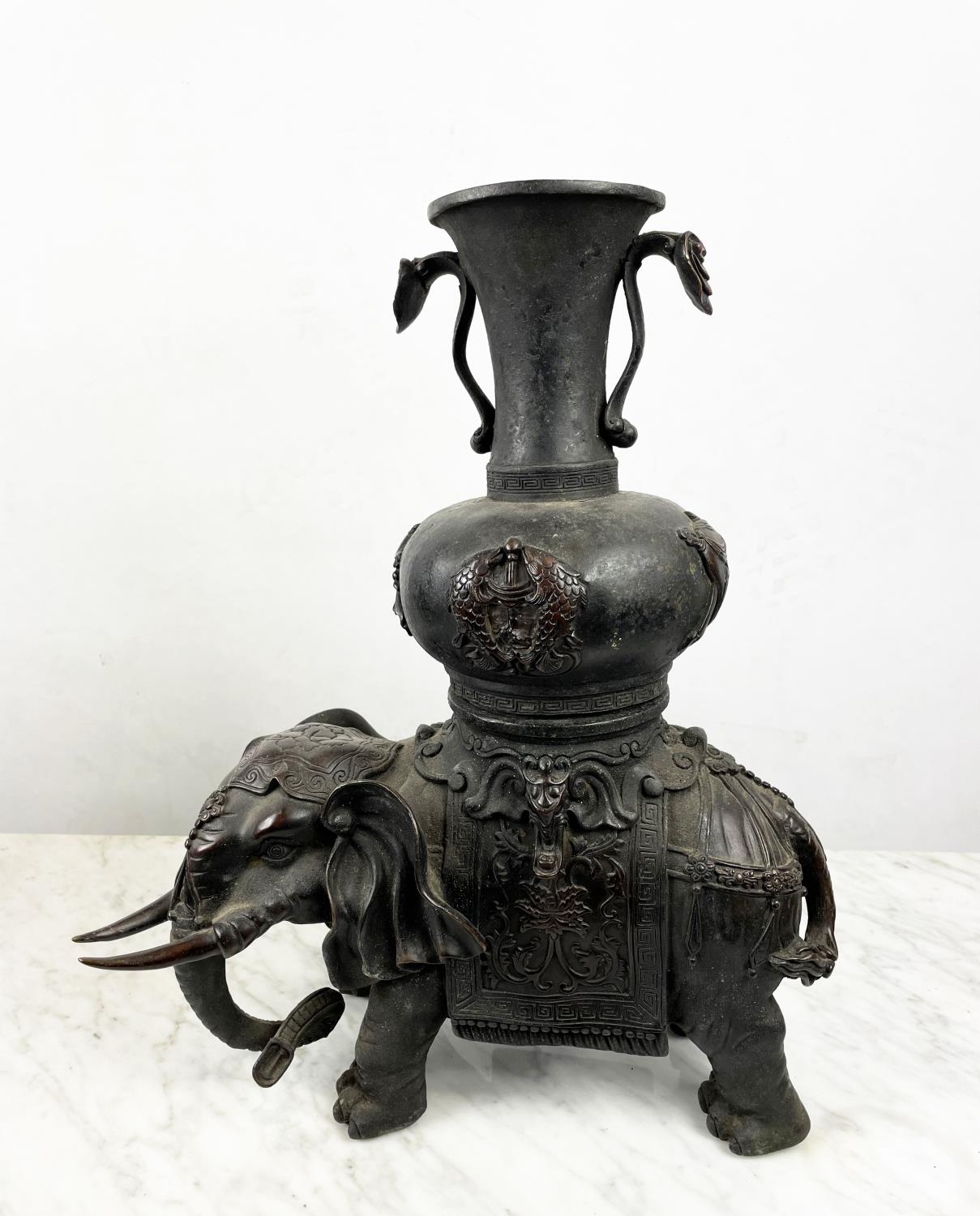 CAPARISONED CHINESE BRONZE ALTAR VASE ELEPHANTS, a pair, Qing style, 42cm H x 34cm W. (2) - Image 3 of 3