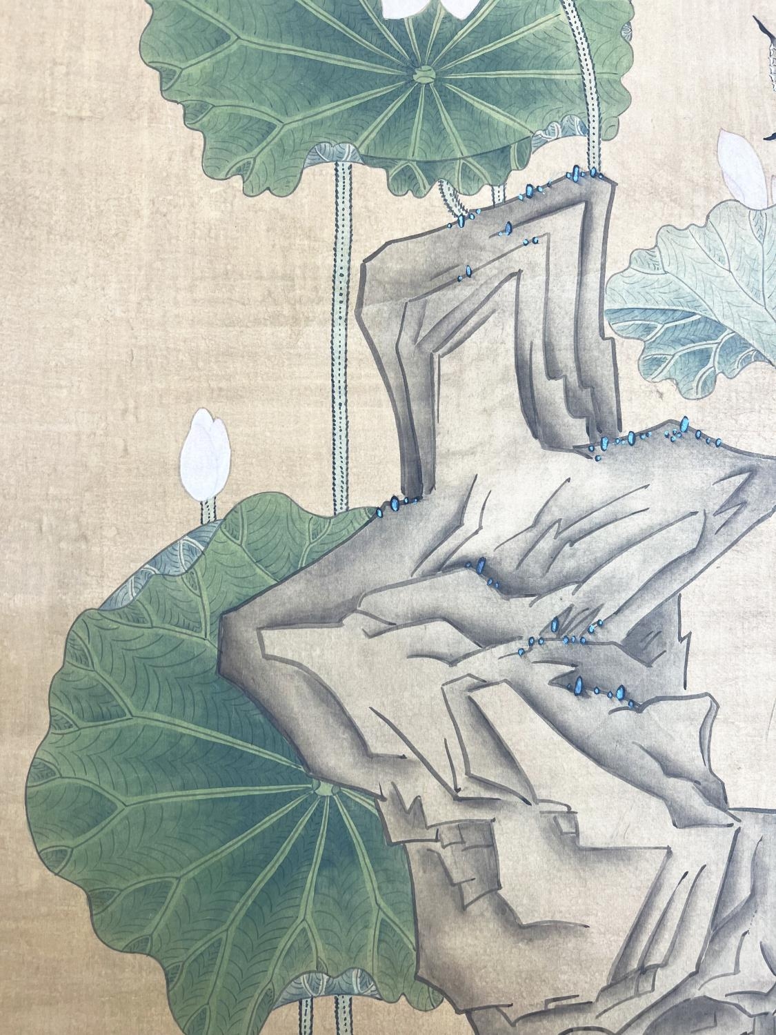 CHINESE SCROLL, watercolour on silk depicting a pair of ducks beneath lotus blooms and butterflied - Image 9 of 11